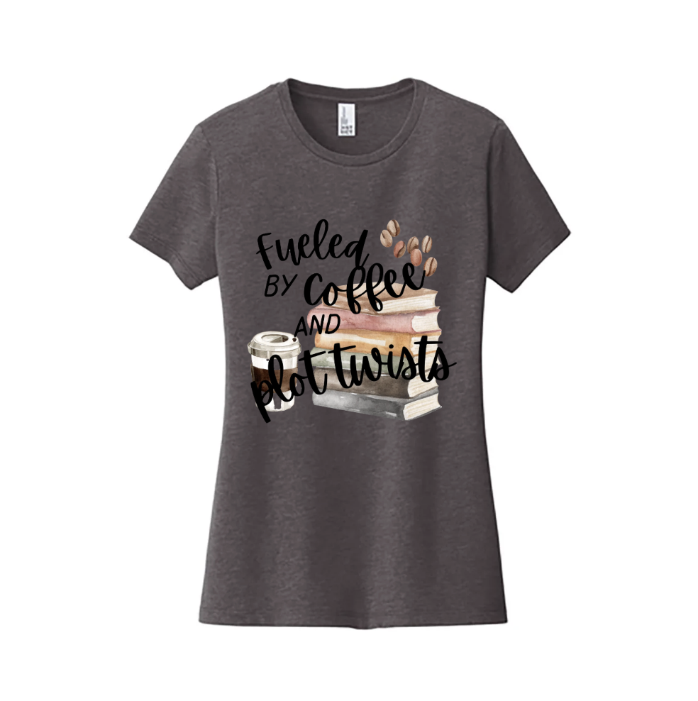 Fueled By Coffee & Plot Twists Women's T-Shirt (Heathered Charcoal, S)